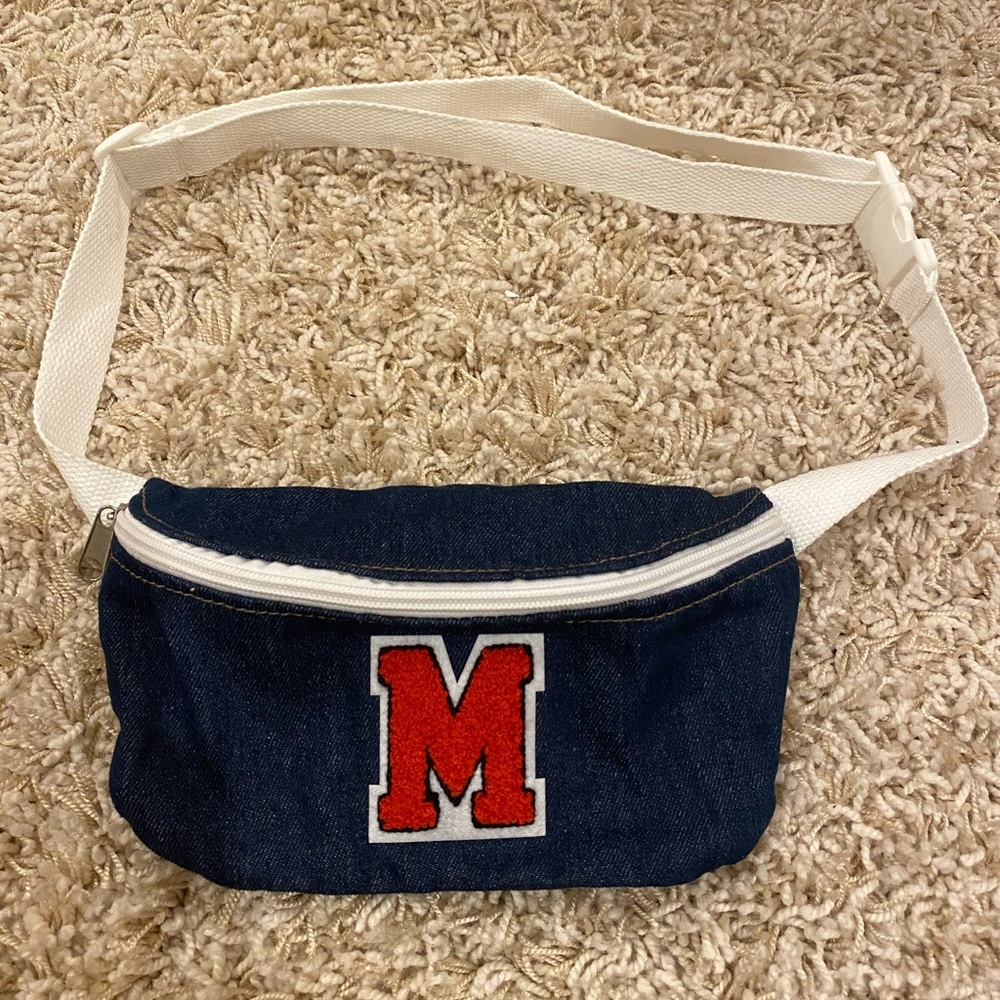 Denim fanny pack with red M patch